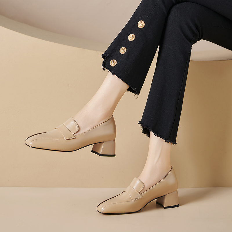 Elegant Square Toe Mid Heel Slip-On Shoes with Belt Decoration