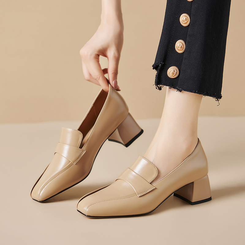 Elegant Square Toe Mid Heel Slip-On Shoes with Belt Decoration - Image 2