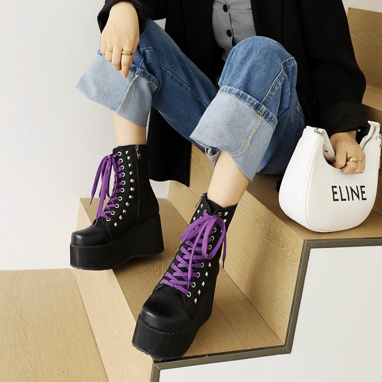 Women's Black Platform Knee-High Boots with Metal Cross Strap