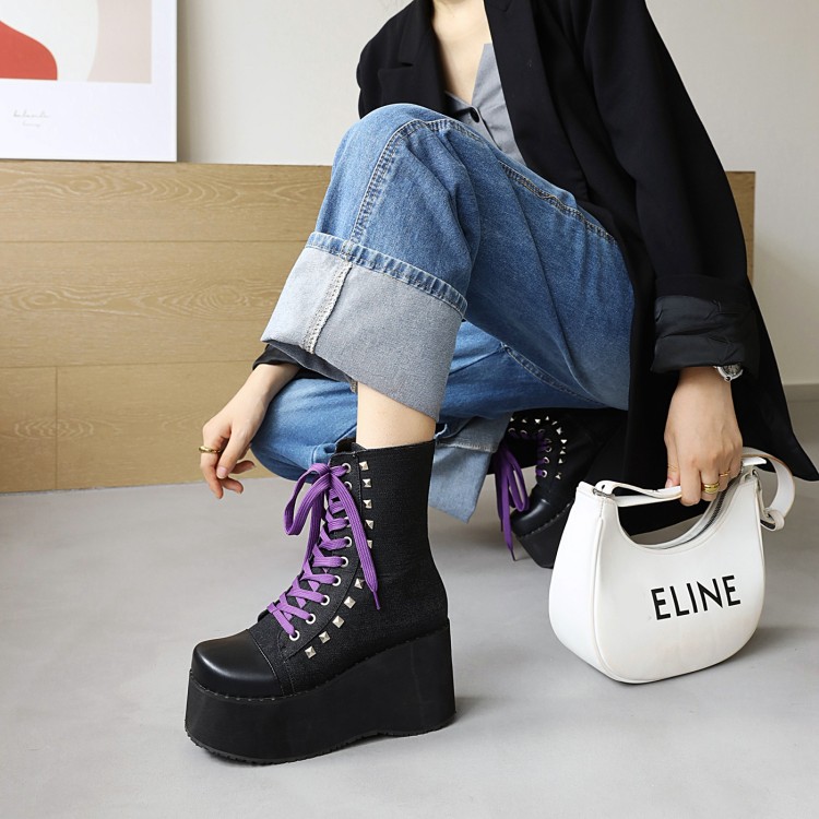 Women's Black Platform Knee-High Boots with Metal Cross Strap - Image 2