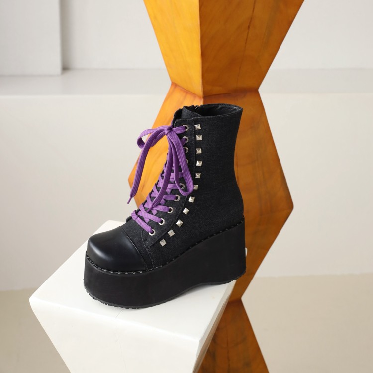 Women's Black Platform Knee-High Boots with Metal Cross Strap - Image 3