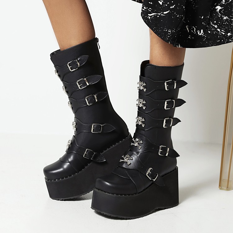 Women's Black PU Platform Knee-High Boots with Buckle and Metal Decor