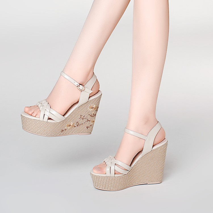 Women's High Heel Wedge Sandals with Leather Upper and Ankle Strap