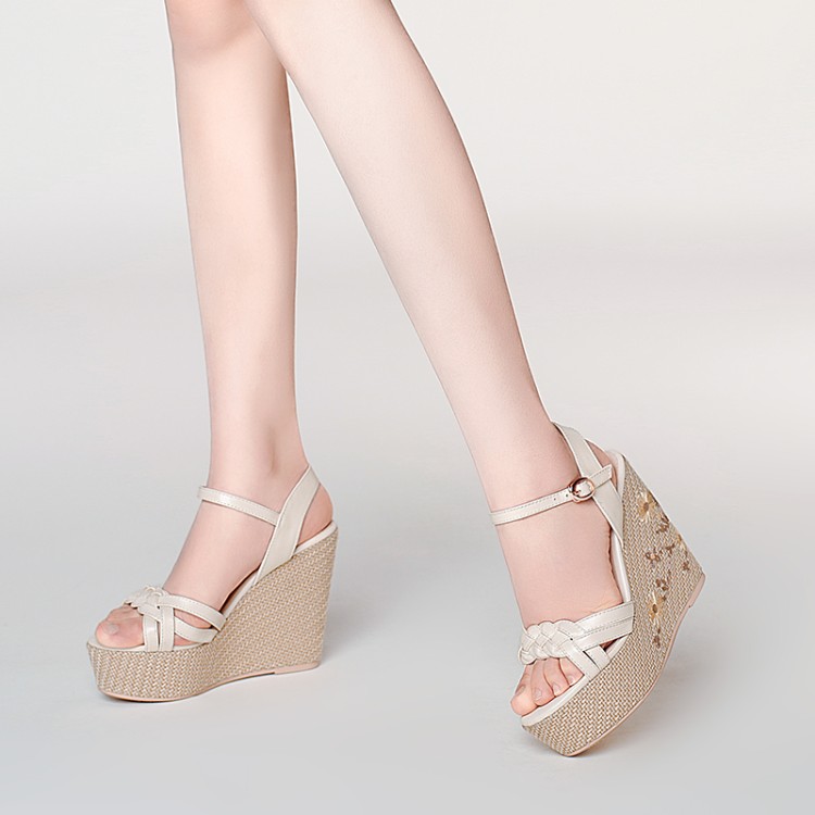 Women's High Heel Wedge Sandals with Leather Upper and Ankle Strap - Image 2