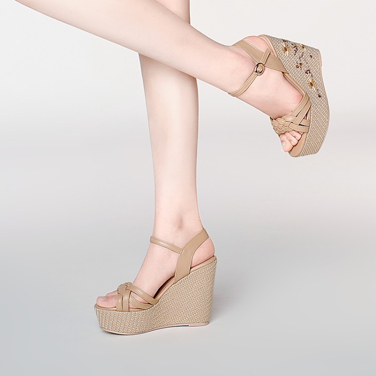 Women's High Heel Wedge Sandals with Leather Upper and Ankle Strap - Image 3