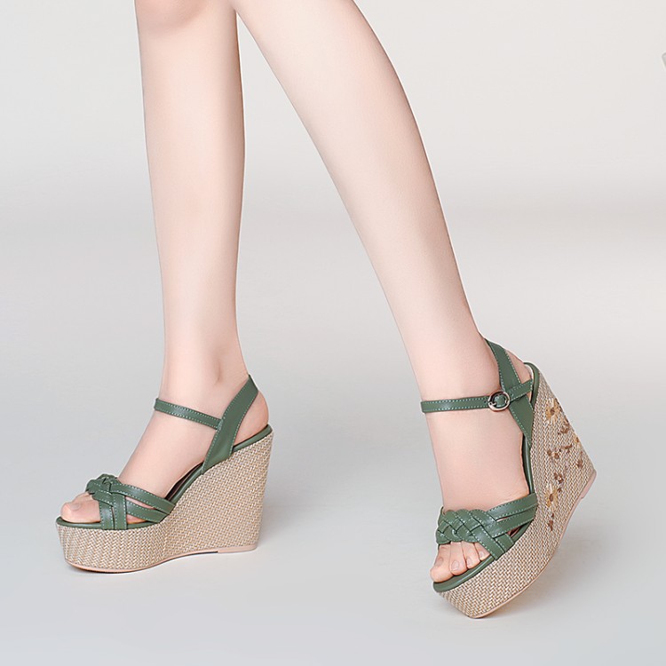 Women's High Heel Wedge Sandals with Leather Upper and Ankle Strap - Image 5