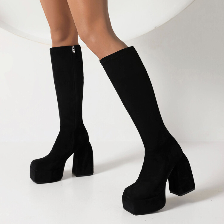 Women's High Shaft Square Toe Chunky Heel Side Zip Boots