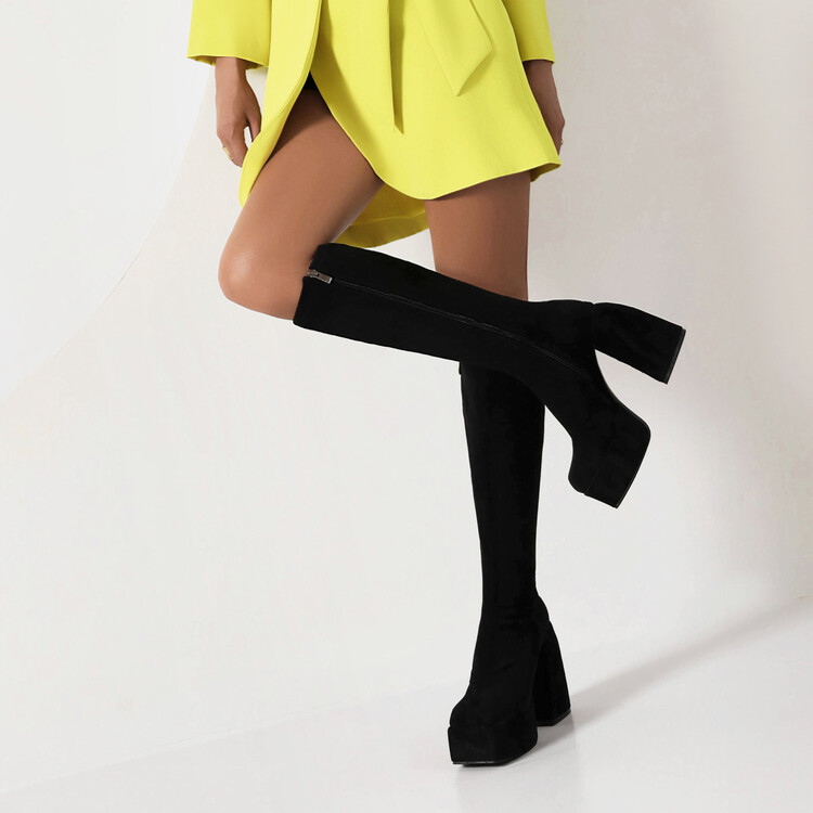 Women's High Shaft Square Toe Chunky Heel Side Zip Boots - Image 2