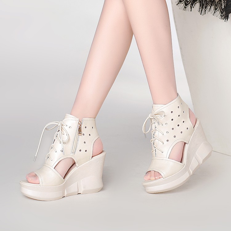 Women's Peep-Toe High Heel Wedge Sandals with Zipper - Image 2
