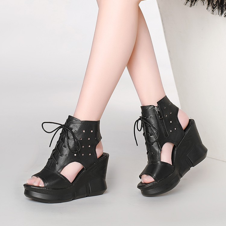 Women's Peep-Toe High Heel Wedge Sandals with Zipper - Image 4