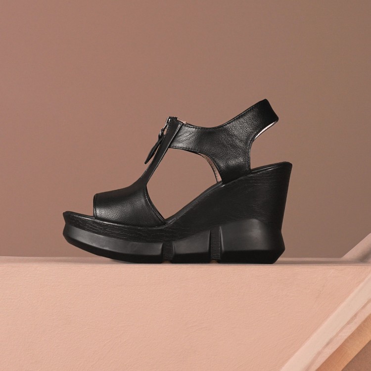 Women's Peep Toe Platform Sandals - Beige Black - Image 5