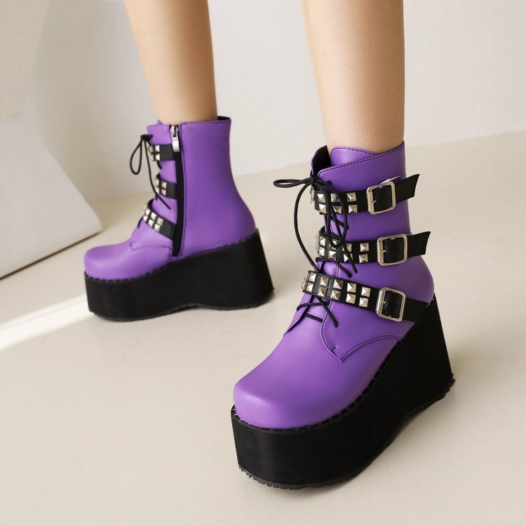Women's Purple Platform High Boots with Buckle and Metal Detail